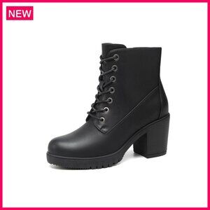 Women's Chunky Heel Ankle Boots, Lace-Up Side Zipper, 3-Inch Heel